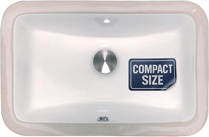 Nantucket Sinks UM-159-W Small Undermount Bathroom Sink – 15" x 9" Interior Rectangular Bowl, Ceramic Bath Sink for Vanity, w Overflow, High Gloss White Vitreous China, Scratch & Stain Resistant