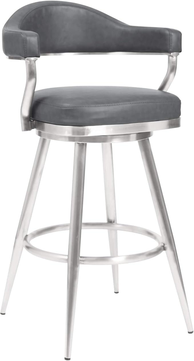 Armen Living Justin Modern Farmhouse 30" Seat Height Swivel Vintage Gray Faux Leather Bar Stool with Brushed Stainless Steel Legs for Kitchen Island Counter