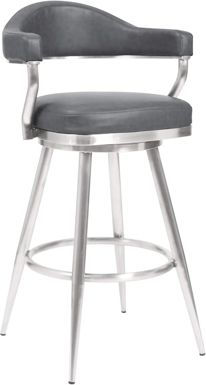 Armen Living Justin Modern Farmhouse 30" Seat Height Swivel Vintage Gray Faux Leather Bar Stool with Brushed Stainless Steel Legs for Kitchen Island Counter