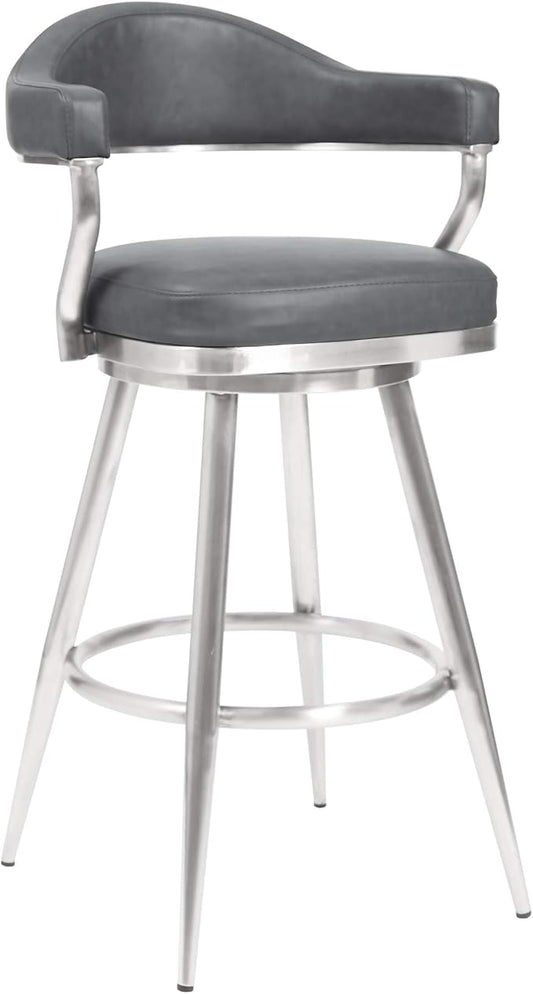 Armen Living Justin Modern Farmhouse 30" Seat Height Swivel Vintage Gray Faux Leather Bar Stool with Brushed Stainless Steel Legs for Kitchen Island Counter