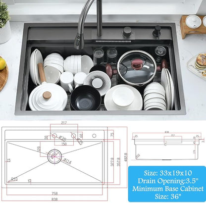 33 Inch Black Waterfall Drop In Kitchen Sink Workstation -Bokaiya 33x19 Black Stainless Steel Smart Sink with Faucet Combo 16 Gauge 10" Deep Top Mount Single Bowl Modern Kitchen Sink