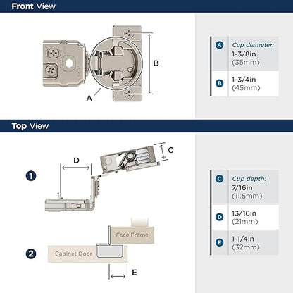Amerock 2 Pack 1-1/4 inch Overlay Self-Closing Compact Concealed Hinge for Face Frame Cabinet, 105-degree Opening Angle with 3-Way adjustability