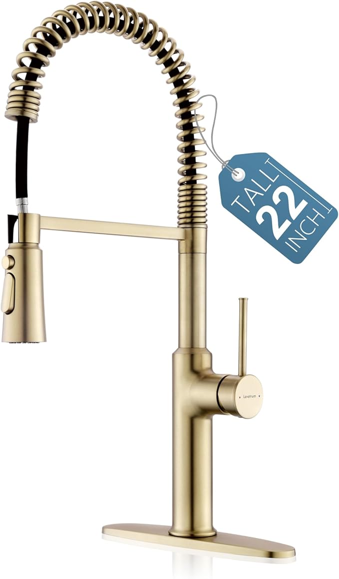 22‘’ Extra-Tall Brushed Gold Kitchen Sink Faucets, Commercial High Arc Single Handle Kitchen Faucets for Pull Down Sprayer Modern Spring with Deck Plate 22 inch