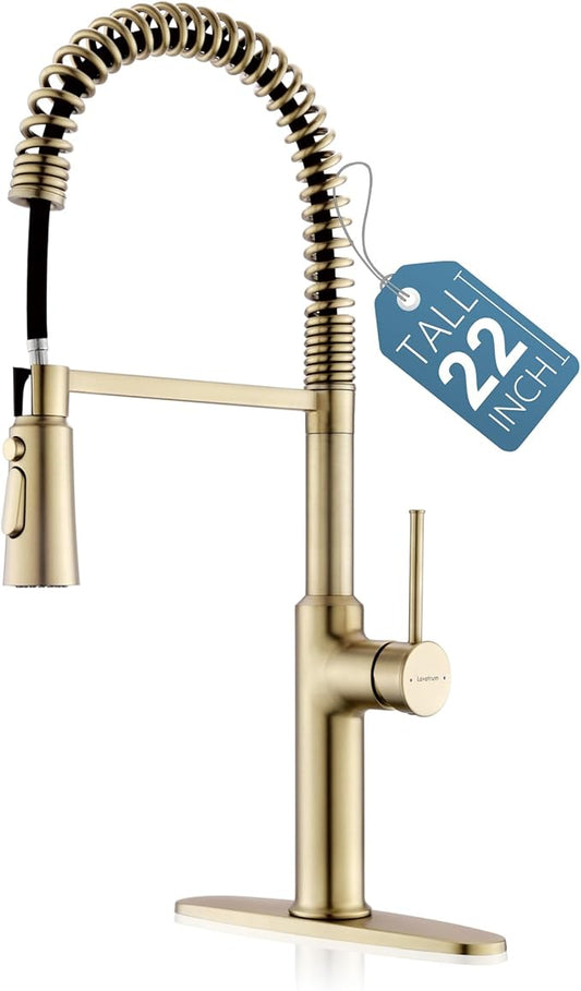 22‘’ Extra-Tall Brushed Gold Kitchen Sink Faucets, Commercial High Arc Single Handle Kitchen Faucets for Pull Down Sprayer Modern Spring with Deck Plate 22 inch