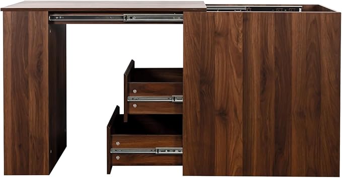 JOYSOURCE Counter Height Bar Table for 2, Extendable Kitchen Island with Drawers & Shelves for Kitchen, Living Room, Walnut