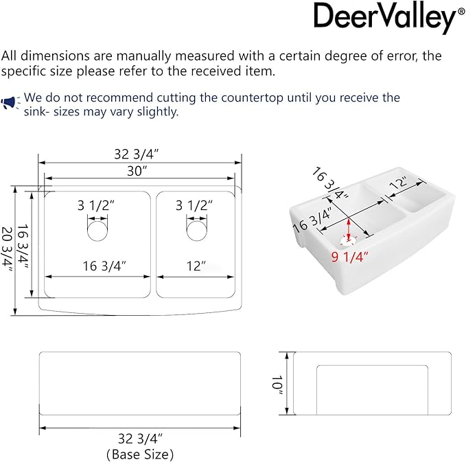 DeerValley Double Bowl White Kichen Sink 33 inch, Ceramic Apron Front Farmhouse Sink, Deep Drop-in Fireclay Undermount Large Sinks with Grid & Strainer
