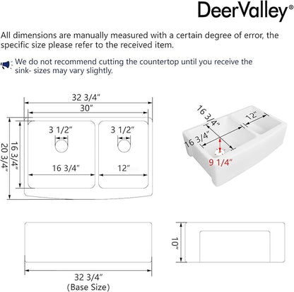 DeerValley Double Bowl White Kichen Sink 33 inch, Ceramic Apron Front Farmhouse Sink, Deep Drop-in Fireclay Undermount Large Sinks with Grid & Strainer