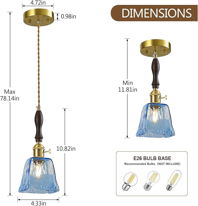Blue Glass Vintage Pendant Light Height Adjustable Handmade Glass Pendant Lights Kitchen Island Gold Hanging Light Fixture with Wood Handle for Bedroom Dining Room Hotel (2 Pack)