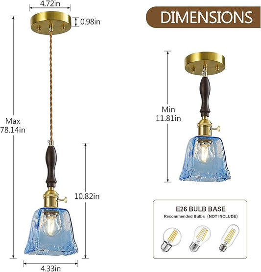 Blue Glass Vintage Pendant Light Height Adjustable Handmade Glass Pendant Lights Kitchen Island Gold Hanging Light Fixture with Wood Handle for Bedroom Dining Room Hotel (2 Pack)