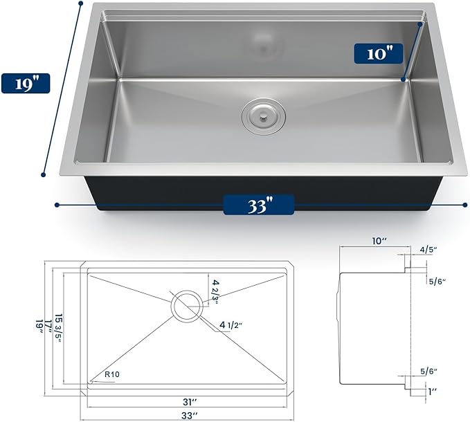 GarveeTech Undermount Kitchen Sink 33 x 19 x 10 Inch, Single Bowl Workstation Stainless Steel Sink with Integrated Ledge, Brushed Finish, Includes Bottom Grid & Drain Assembly
