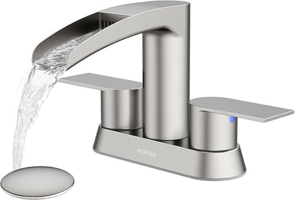 Bathroom Sink Faucet for 3 Hole, Hurran 4 Inch Bathroom Faucets with Pop-up Drain, Stainless Steel 2-Handle Waterfall Faucet for Sink, Brushed Nickel