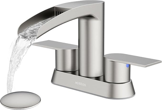 Bathroom Sink Faucet for 3 Hole, Hurran 4 Inch Bathroom Faucets with Pop-up Drain, Stainless Steel 2-Handle Waterfall Faucet for Sink, Brushed Nickel