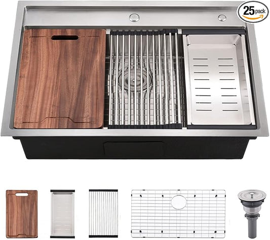33 Inch Drop In Kitchen Sink Workstation - VOKIM 33X22 Inch Drop In sink Stainless Steel Splash Guard 16 Gauge 10'' Deep Single Bowl Handmade Topmount Sink with Cutting Board& Strainer