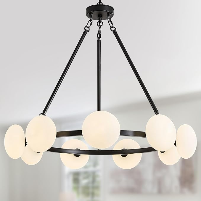 Modern Chandelier,Large Black Wagon Wheel Chandelier,Sputnik Pendant Light Fixture Over Table,Glass Globe Chandelier for Dining Room and Living Room