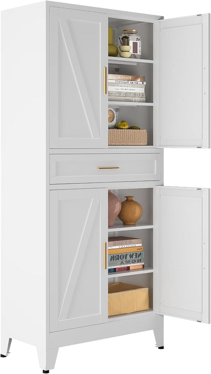 Bevivog Metal Storage Cabinet with Drawers, Tall Cabinets with Doors and Shelves, 4 Doors High Storage Cabinet for Office/Pantry/Living Room