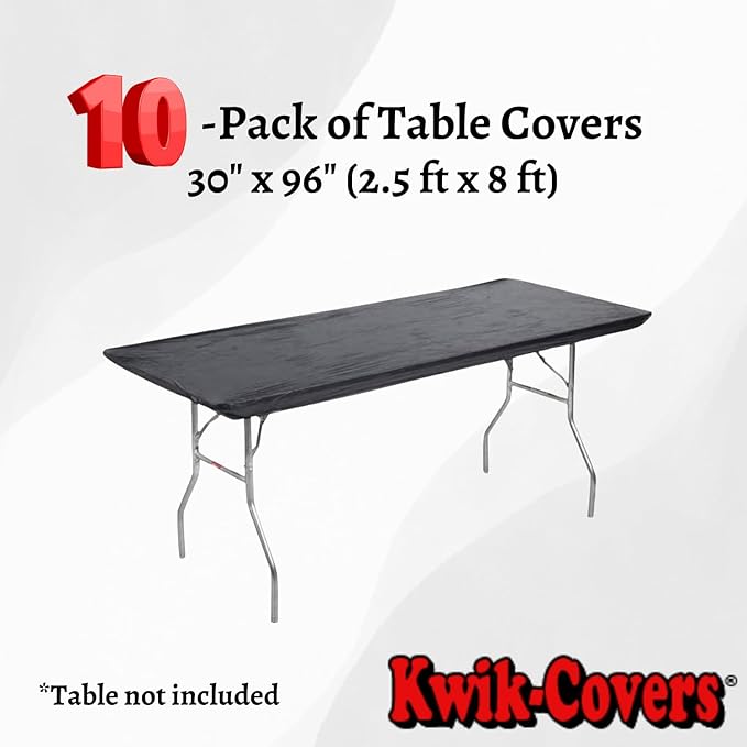 Kwik-Covers 8' Rectangular Plastic Table Covers 30" x 96" (8 Feet), (10 Pack, Black)