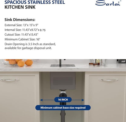 Sarlai Black Undermount Bar Sink With Foldable Faucet - 13x15 Inch Outdoor Black Kitchen Sink RV Workstation 16 Gauge Stainless Steel Single Bowl Handmade Outdoor BBQ Sinks with Lid