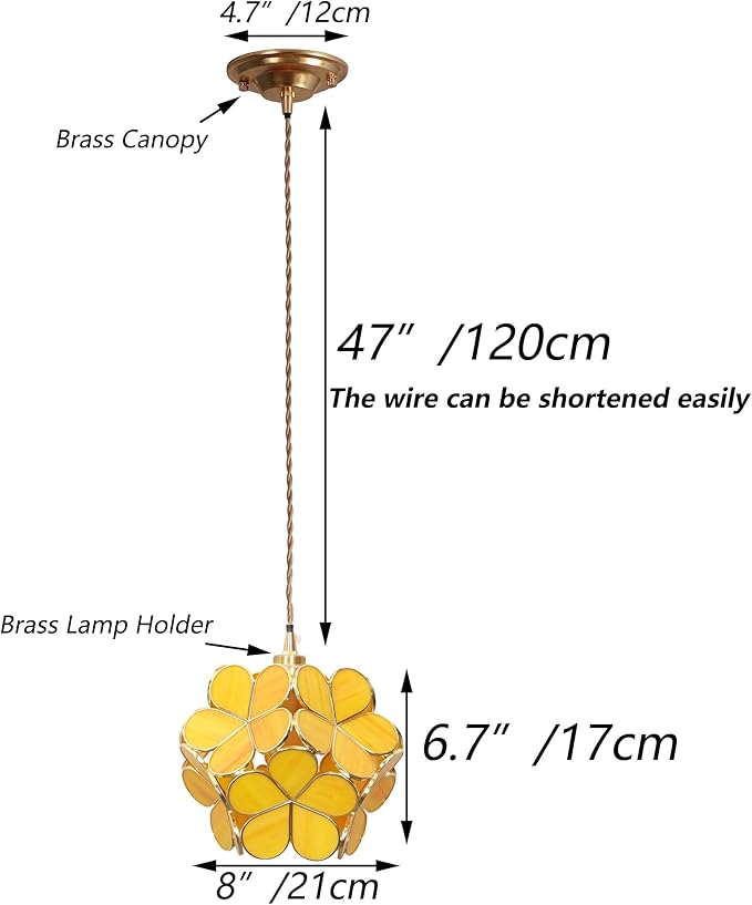 Bieye L10933 Petals Tiffany Style Stained Glass Ceiling Pendant Light with 8-inch Wide Lampshade (Yellow, 8" Cherry Blossom)