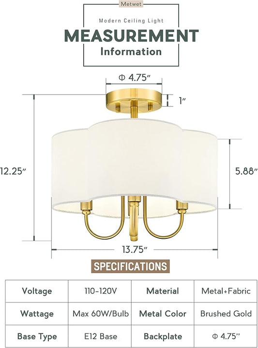 Gold Semi Flush Mount Ceiling Light, 13.5" 4-Light Light Fixtures Ceiling Mount with Fabric Shade in Quatrefoil for Kitchen Nursery Entryway Hallway Bedroom, SM179-BG