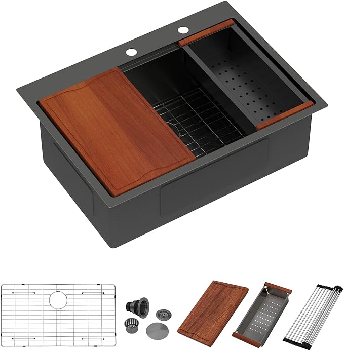 Dcolora 28 Inch Black Kitchen Sink Drop In, Nano-PVD Black Stainless Steel Workstation Sink Single Bowl Topmount with Accessories All-In-One, #DC-T8862 28"x22"x10"