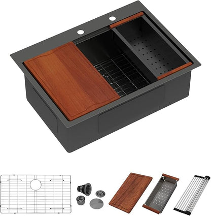 Dcolora 28 Inch Black Kitchen Sink Drop In, Nano-PVD Black Stainless Steel Workstation Sink Single Bowl Topmount with Accessories All-In-One, #DC-T8862 28"x22"x10"