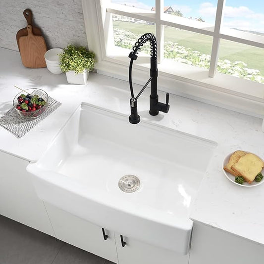 33 Inch White Farmhouse Sink Workstation-Hovheir 33x21 Apron Front Farm Sink White Fireclay Porcelain Ceramic Farmhouse Kitchen Sinks Workstation Deep Single Bowl Farmer Sinks with Cutting Board