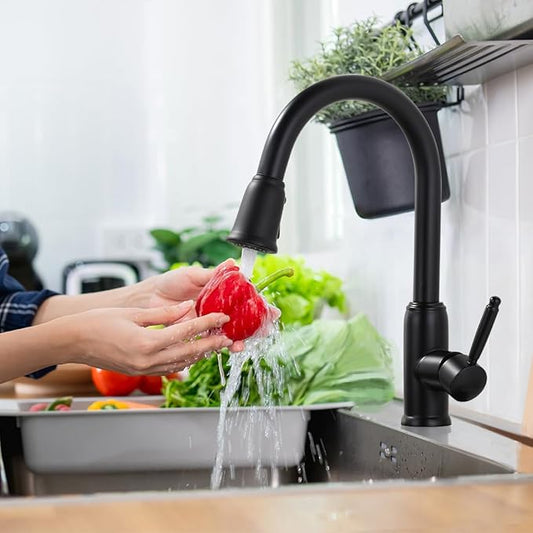 WOWOW Black Kitchen Faucet with Sprayer: 304 Stainless Steel Kitchen Sink Faucet for 1 or 3 Hole, High Arc Single Handle Mixer Taps with Deck Plate, Vintage Style