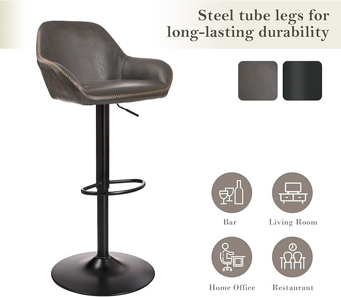 Glitzhome Bar Table and Chairs Set, Square Black Steel Pub Table with Soild Elm Wood Top and Bar Height Adjustable Swivel PU Leather Bar Stool for Breakfast Nook Living Room Small Space Restaurant