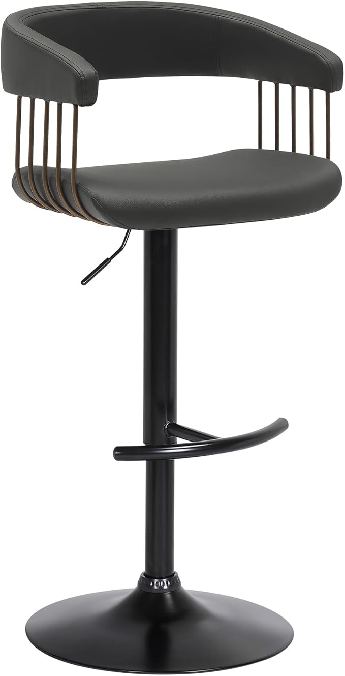 Armen Living Calista Adjustable Height Mid Century Modern Swivel Bar Stool for Kitchen Island Counter in Black Faux Leather with Golden Bronze and Black Metal