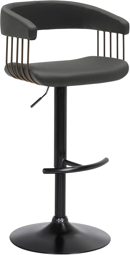 Armen Living Calista Adjustable Height Mid Century Modern Swivel Bar Stool for Kitchen Island Counter in Black Faux Leather with Golden Bronze and Black Metal