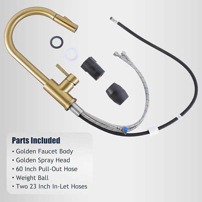 Hotis Gold Kitchen Faucet with Pull Down Sprayer, High Arc Stainless Steel Sink Faucet, Brushed Gold Bar Faucet Fit for 1 Hole Sink, Easy Install for Kitchen Farmhouse RV, HT-KBD101G