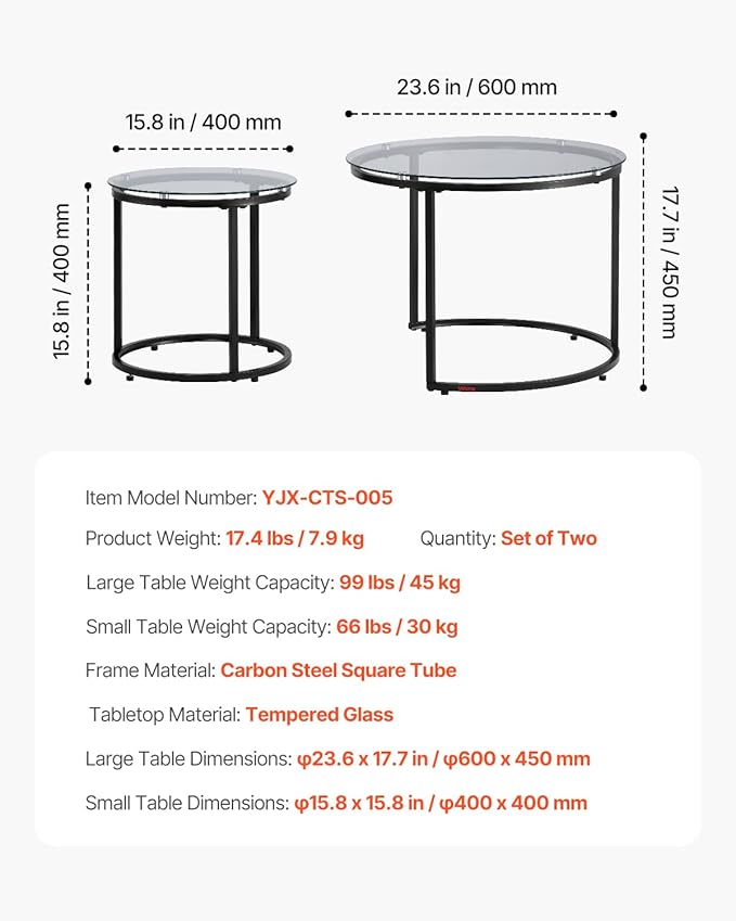 VEVOR Nesting Coffee Table Set of 2, 23.6 in Round Coffee Table, Glass Nesting Tables for Small Place, Modern End Side Tables Night Stand with Metal Frame, for Living Room, Bedroom, Balcony, Office