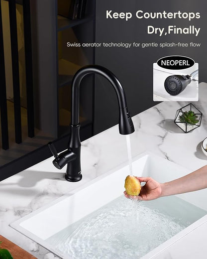 APPASO Black Kitchen Faucet with Pull Down Sprayer, 360° Swivel, 20-Inch Flexible Hose, One Hole Single Handle High Arc Matte Black Faucet for 1 or 3 Holes Kitchen Farmhouse Outdoor Sink, Easy Install