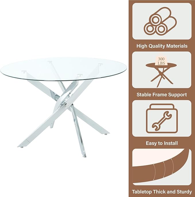 47-Inch Round Tempered Glass Dining Table for 4-6 Person Space-Saving Small Kitchen Table with Heavy-Duty Metal Legs Perfect for Dining Room, Apartment, Condo(Silver)