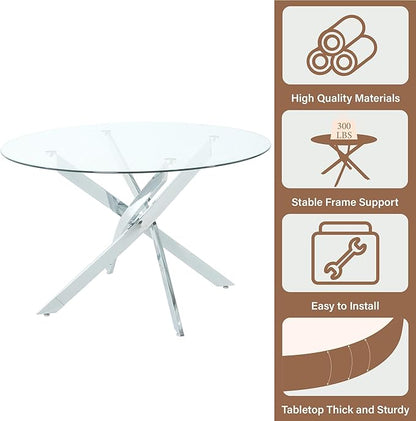 47-Inch Round Tempered Glass Dining Table for 4-6 Person Space-Saving Small Kitchen Table with Heavy-Duty Metal Legs Perfect for Dining Room, Apartment, Condo(Silver)
