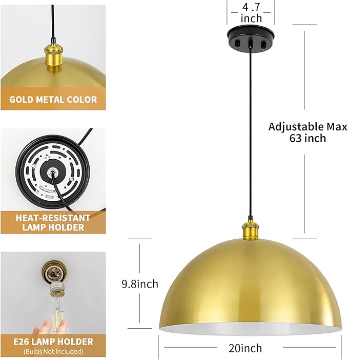Gold Pendant Light, 20" Farmhouse Ceiling Light with Gold and White, Elegant Semi-Circular Shade Design, Adjustable Height Industrial Dome Pendant Lights for Kitchen Island, Dining Room