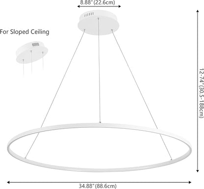 JONATHAN Y 35" Matte White Modern Integrated LED Pendant Light, Dimmable Round Hoop Chandelier for Kitchen Island, Dining Room, Adjustable Height Metal Hanging Light (JYL7220I)