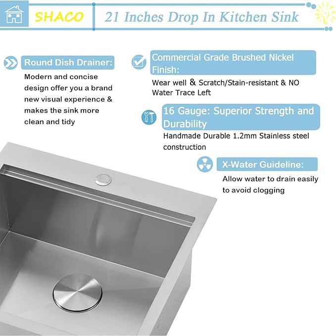 SHACO 21 Inch Drop In Kitchen Sink, 21 x 20 Inch Top Mount 16 Gauge Stainless Steel Single Bowl Workstation RV Small Kitchen Outdoor Laundry Wet Prep Sink with Accessories