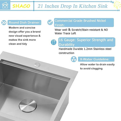 SHACO 21 Inch Drop In Kitchen Sink, 21 x 20 Inch Top Mount 16 Gauge Stainless Steel Single Bowl Workstation RV Small Kitchen Outdoor Laundry Wet Prep Sink with Accessories