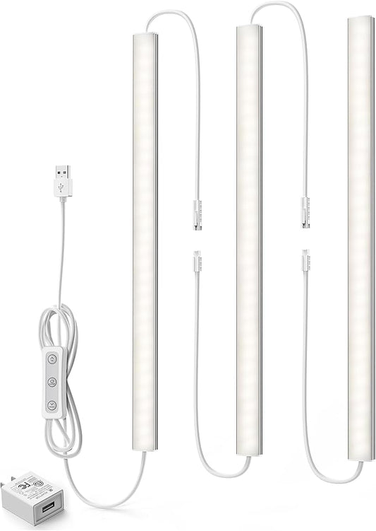 ASOKO HOME Dimmable USB Under Cabinet Lights - 3 Pack 12" Linkable LED Strips, 4000K Daylight for Kitchen, Desk, Workbench