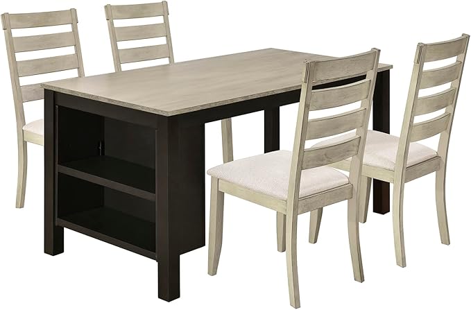 5-Piece Dining Table Set, Wood Rectangular Kitchen Table Set with 2-Tier Storage Shelves for 4 Persons, Farmhouse Dining Room Set with 4 Upholstered Chairs Space Saving Bar Pub Table Set