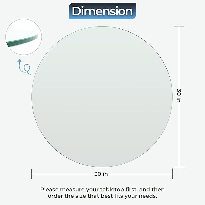 30" inch Round Tempered Glass Table Top - 1/4 inch Thickness & Flat Polished Edge - Clear Surface & Scratch Resistant - Ideal for Dining Room, Kitchen, Side, Office, Patio & Round Coffee Tables