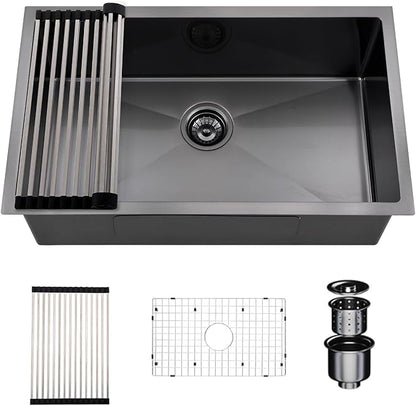 30 Inchs Undermount Kitchen Sinks, 30 x 19 x 9 Inch Black-Grey Single Bowl Sink,16 Gauge Stainless Steel Nano Black Sink with Accessories for Workstation, Prep Kitchen, Bar Sink(new)