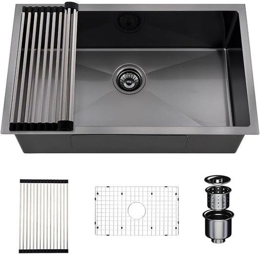 30 Inchs Undermount Kitchen Sinks, 30 x 19 x 9 Inch Black-Grey Single Bowl Sink,16 Gauge Stainless Steel Nano Black Sink with Accessories for Workstation, Prep Kitchen, Bar Sink(new)