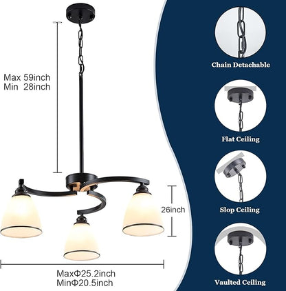 3 Lights Modern Chandelier Light Fixture Matte Black Retractable Round Chandelier Rustic Hanging Lamp Adjustable 59" Max Pendant Ceiling Light for Kitchen Island Dining Room Table Hallway
