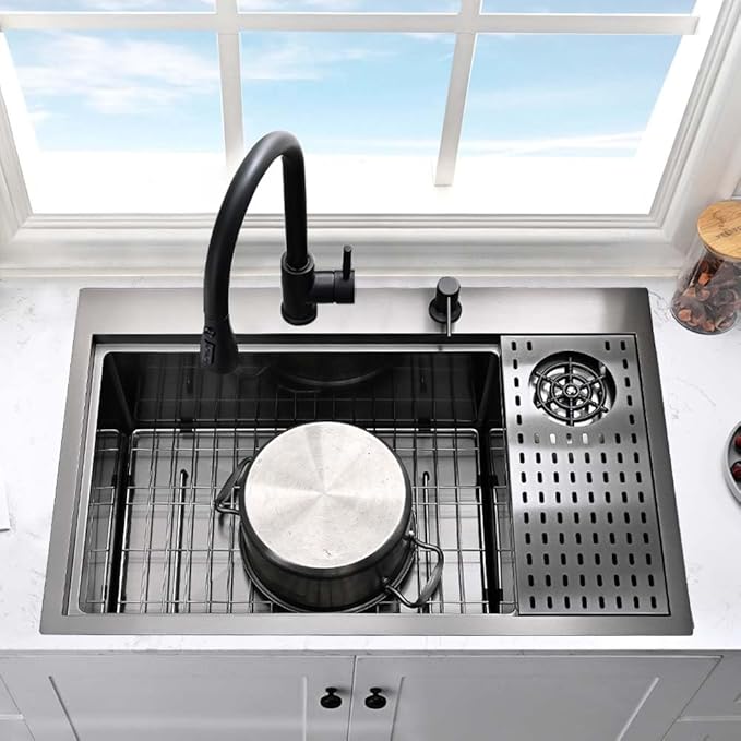 Black Kitchen Sink with Glass Rinser-Hovheir 31x20 Drop In Kitchen Sink Top Mount Workstation Sinks 16 Gauge Black Stainless Steel Single Bowl Deep Sinks with Cutting Board