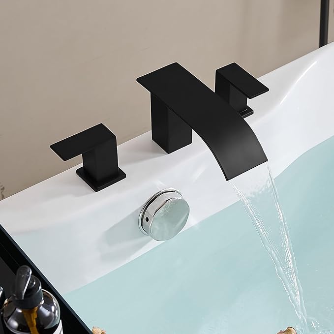 RUMOSE Matte Black Roman Bathtub Faucet Set Waterfall Tub Faucets High Flow Widespread 6-16 Inch 3 Holes Deck Mount Tub Filler 2 Handles Bathtub Filler Soaking Bath Faucet