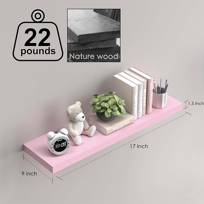 PopiShelves Pink Floating Shelves for Wall - 17 Inch Natural Wood Shelves for Bathroom, Bedroom, Kitchen Decor, Farmhouse Decor Set of 2