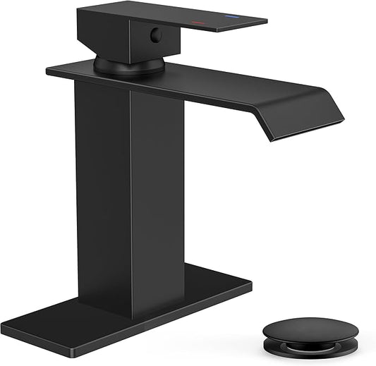 FORIOUS Bathroom Faucet Matte Black Modern Waterfall Bathroom Sink Faucet 1 or 3 Hole Single Handle with Deck Plate and Drain, Suitable for Vanity Rv Camper Commerical