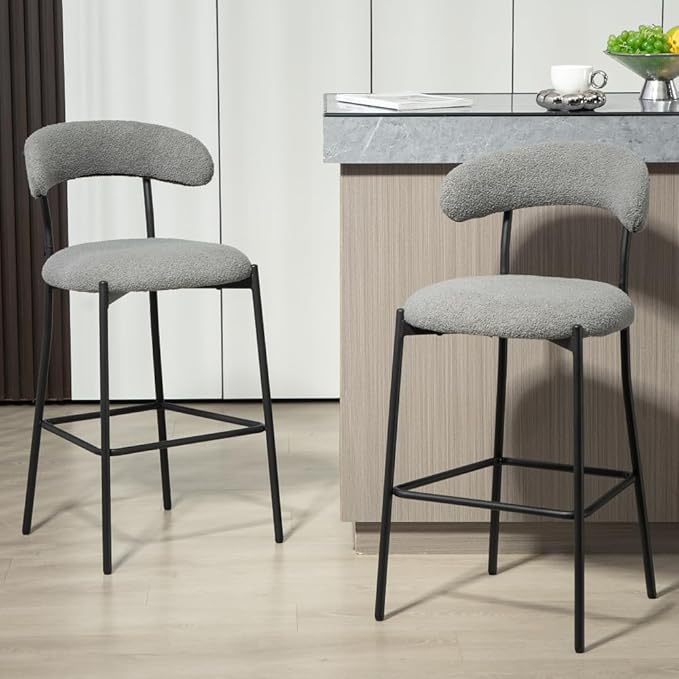 26" Counter Height Bar Stools - Teddy Fabric Upholstered Kitchen Island Stools with Black Powder-Coated Metal Base & Integrated Footrest, Modern Farmhouse Style(Grey)